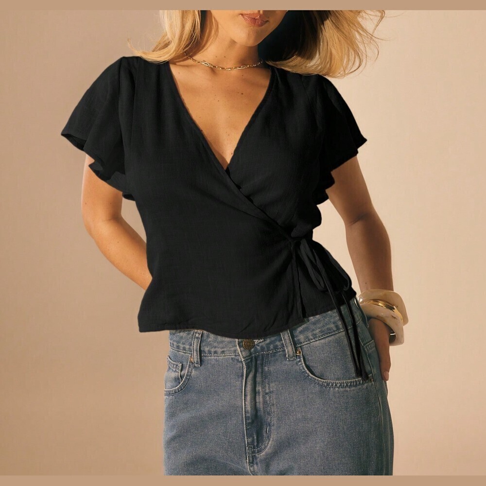 Black Wrap Front Blouse with Flutter Sleeves and Tie Waist - Picture 2 of 10